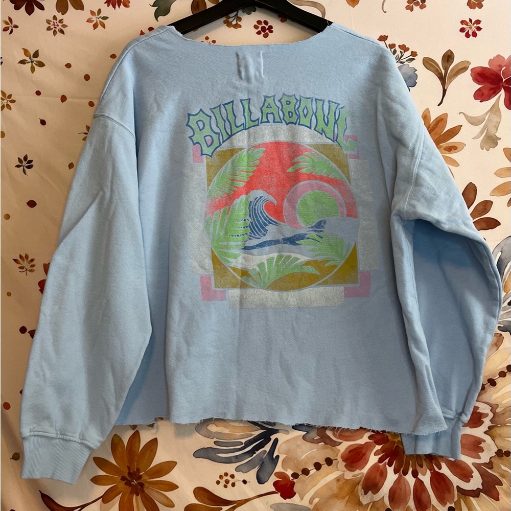 Billabong S/M Oversize Blue Neon Tropical Boat Neck Cali Beach Sweatshirt Spring